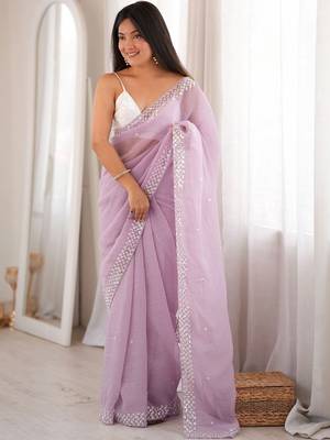 lavender floral sequinned poly georgette designer saree 1