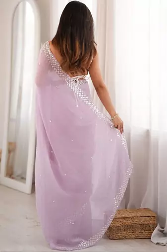 lavender floral sequinned poly georgette designer saree