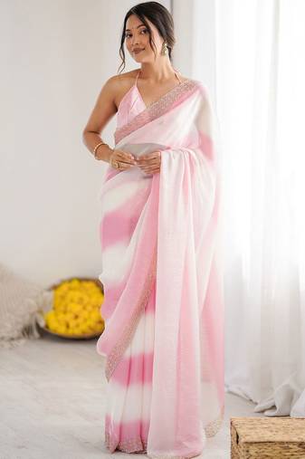 pink tie and dye embroidered satin saree