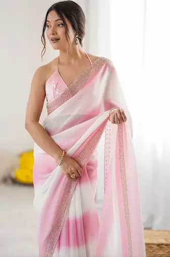 pink tie and dye embroidered satin saree