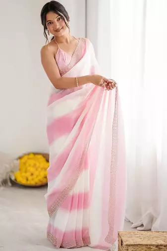 pink tie and dye embroidered satin saree