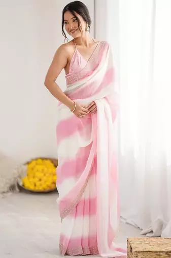 pink tie and dye embroidered satin saree
