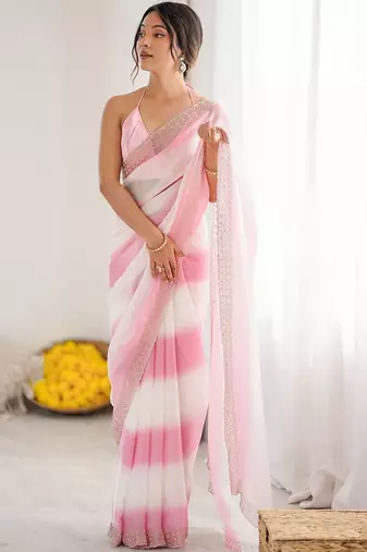 pink tie and dye embroidered satin saree