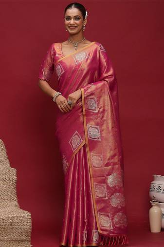pink ethnic motifs woven design zari tussar saree