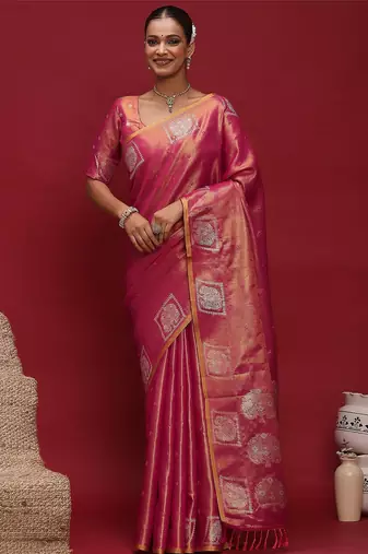 pink ethnic motifs woven design zari tussar saree