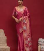 pink ethnic motifs woven design zari tussar saree