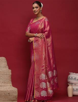 pink ethnic motifs woven design zari tussar saree 2