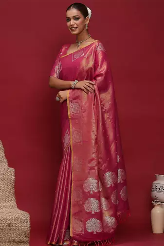pink ethnic motifs woven design zari tussar saree