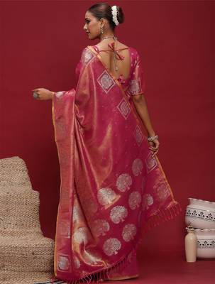 pink ethnic motifs woven design zari tussar saree 3