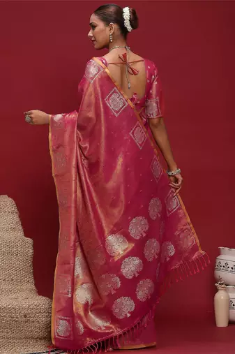 pink ethnic motifs woven design zari tussar saree