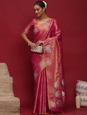 pink ethnic motifs woven design zari tussar saree 4