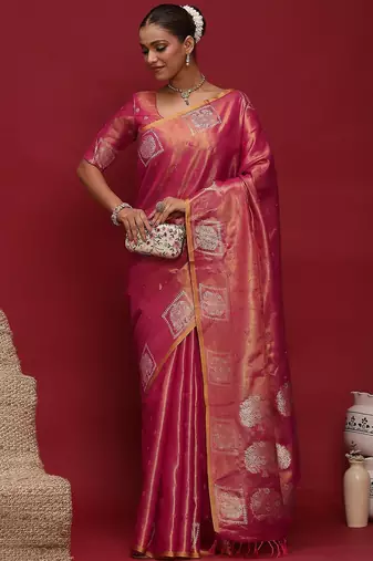 pink ethnic motifs woven design zari tussar saree