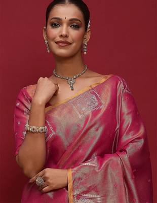 pink ethnic motifs woven design zari tussar saree 5