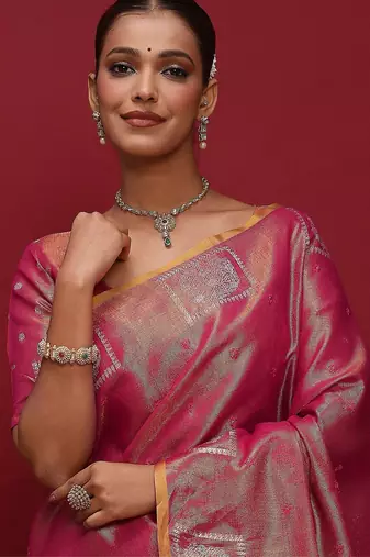 pink ethnic motifs woven design zari tussar saree