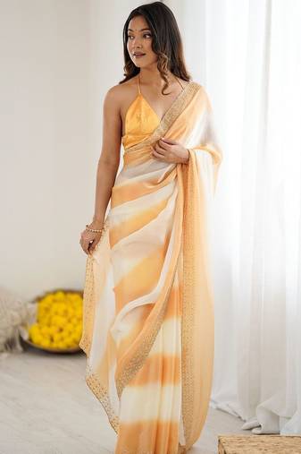 orange tie and dye zari satin designer saree