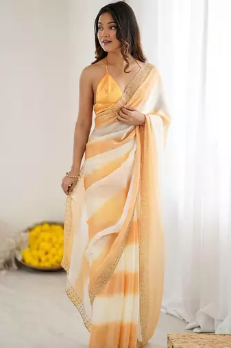 orange tie and dye zari satin designer saree