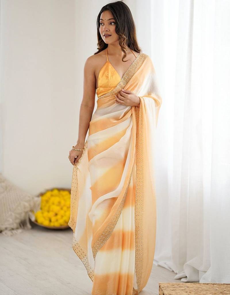 orange tie and dye zari satin designer saree