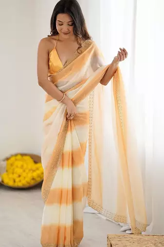 orange tie and dye zari satin designer saree