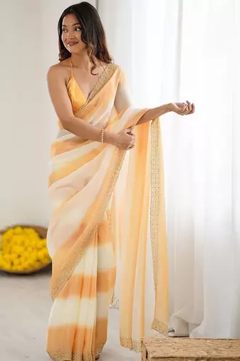 orange tie and dye zari satin designer saree