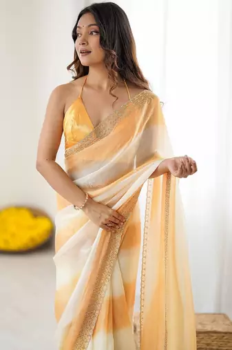 orange tie and dye zari satin designer saree