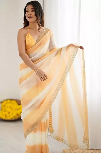 orange tie and dye zari satin designer saree