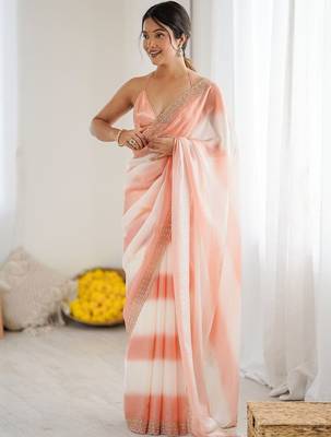 peach tie and dye embroidered satin designer saree 1