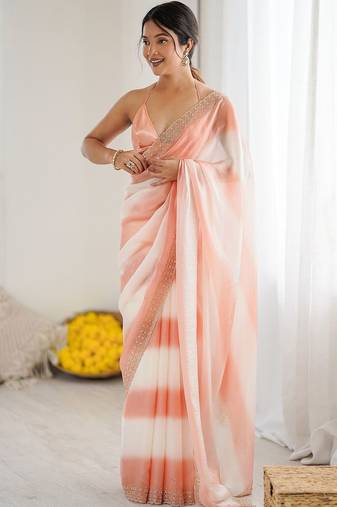 peach tie and dye embroidered satin designer saree