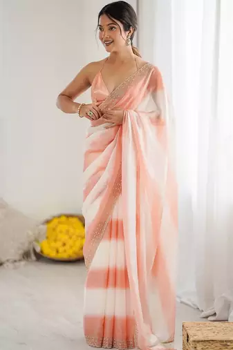 peach tie and dye embroidered satin designer saree