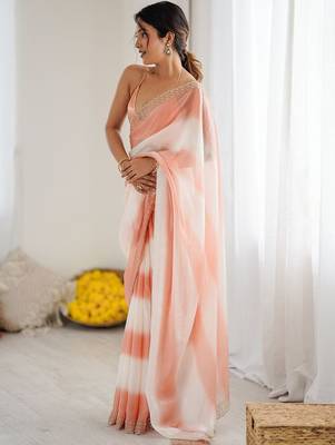 peach tie and dye embroidered satin designer saree 4