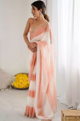 peach tie and dye embroidered satin designer saree