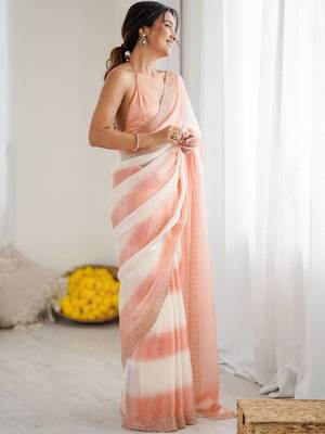 peach tie and dye embroidered satin designer saree 5