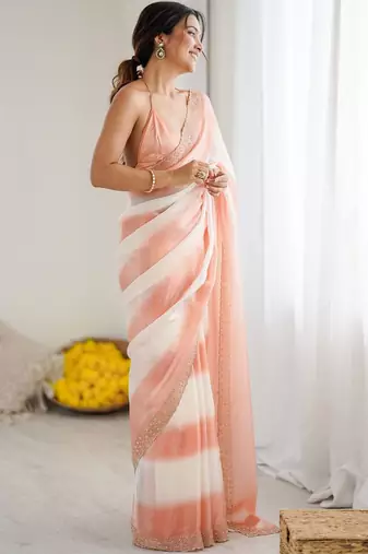 peach tie and dye embroidered satin designer saree