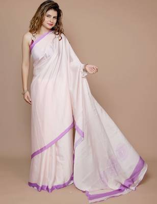 cream solid satin saree with blouse piece 1