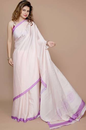 cream solid satin saree with blouse piece