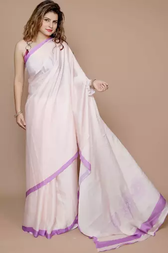 cream solid satin saree with blouse piece