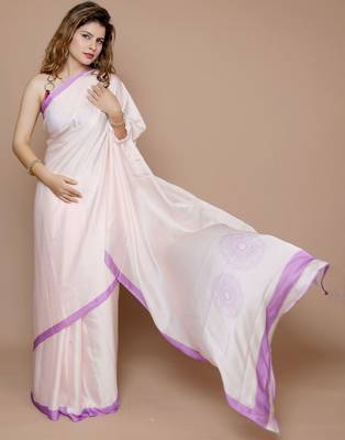 cream solid satin saree with blouse piece 2