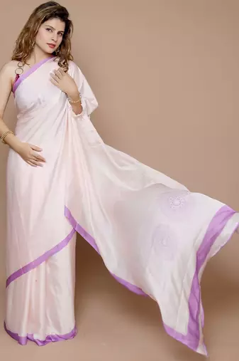 cream solid satin saree with blouse piece
