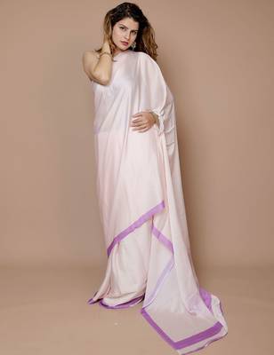 cream solid satin saree with blouse piece 3