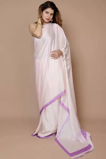 cream solid satin saree with blouse piece
