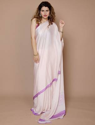 cream solid satin saree with blouse piece 4