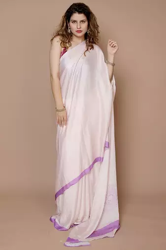 cream solid satin saree with blouse piece