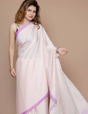 cream solid satin saree with blouse piece 5