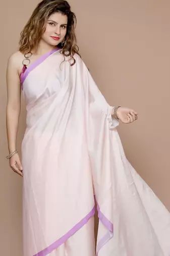 cream solid satin saree with blouse piece