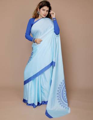 blue ethnic motifs satin saree with blouse piece 1