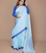 blue ethnic motifs satin saree with blouse piece