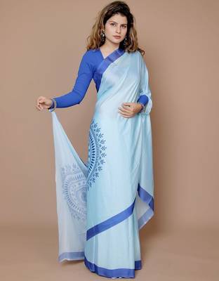 blue ethnic motifs satin saree with blouse piece 2