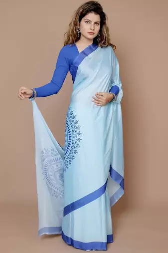 blue ethnic motifs satin saree with blouse piece