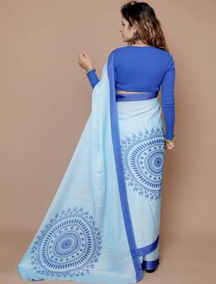blue ethnic motifs satin saree with blouse piece 3