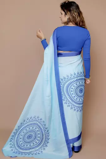 blue ethnic motifs satin saree with blouse piece