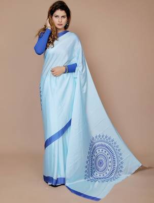blue ethnic motifs satin saree with blouse piece 4